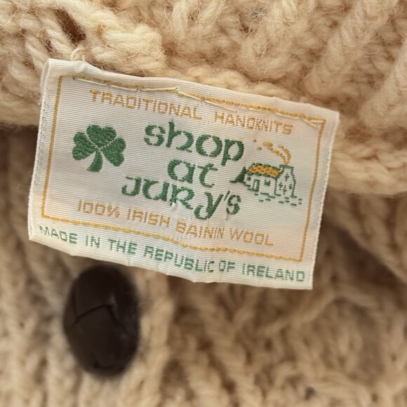 Vintage Irish Wool Sweater Hand Knit Cardigan Collar Ivory Chunky Fisherman READ - Picture 3 of 16